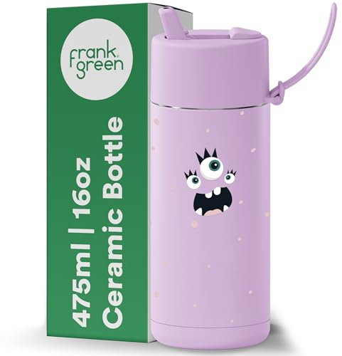 frank green Frankster-Trinkflasche für Kinder, wiederverwendbar, mit Klapp-Trinkhalm-Deckel, auslaufsicher, Keramikfutter, Flick, Lilac Haze, 473 ml