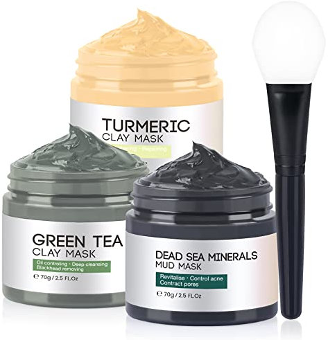 Clay Mask, Face Masks Skincare, Turmeric Clay Face Mask, Dead Sea Mud Mask, Green Tea Face Mask, Facial Mask Set for Deeply Cleansing, Pores, Acne, and Oil Control - 3x70g