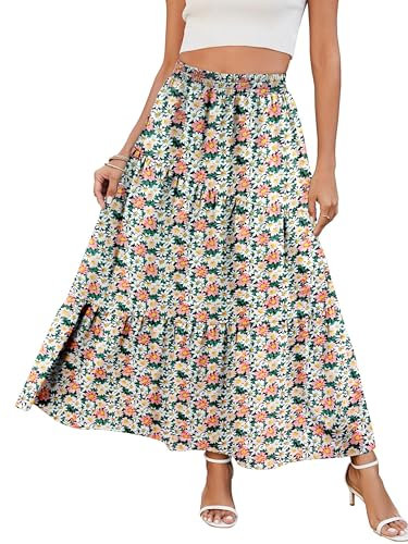 Timuspo Jupe longue pour femme avec poches, taille haute, élastique, ligne A, couleur unie, décontractée, élégante, motif floral, plissée, jupe de plage, Fleur rose et blanc, L