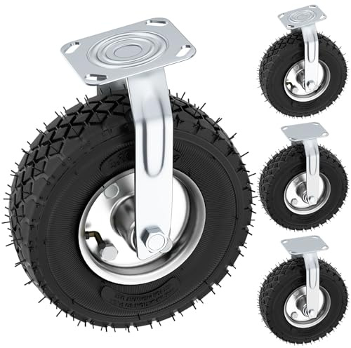 10 Inch Pneumatic Casters Set of 4 (2 Swivel/ 2 Rigid), Heavy Duty Casters, Tolerable 1300 LBS, Rubber Knobby Tread for Workbench, Cart, Trolley, Wagon and Shelves