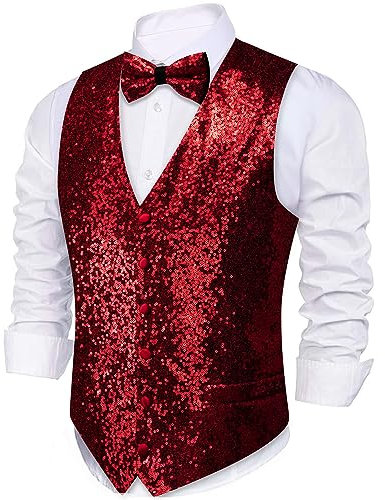 Barry.Wang Glänzende Herren-Weste mit Pailletten, Fliege, Set, glitzernd, lässig, Weste, Festival, Disco, Party, Abschlussball, Rote Pailletten, L