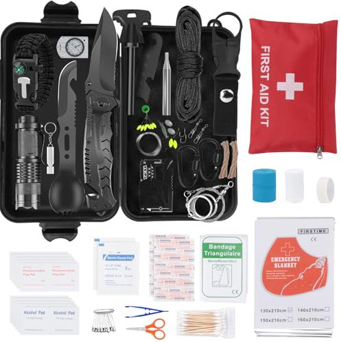 69 en 1 Kit de Survie d'urgence en Plein air,Sac de Survie Pratique,Trousse de Secours avec Couverture de Survie,Kit de Survie Militaire Complet pour Hommes Camping,Randonnée,Voyage Aventure