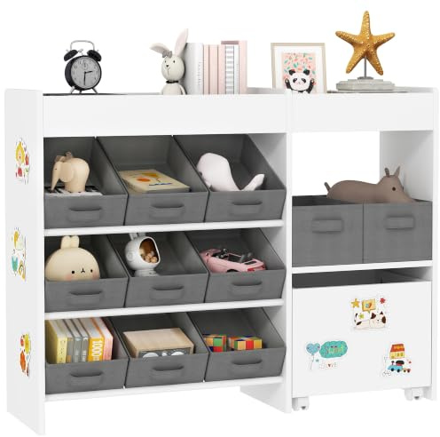 AIYAPLAY Estantería para Juguetes para Niños 11 Cestas 105x30x80 cm Blanco | Organizador Infantil, Cestas Extraíbles, Compartimentos, Láminas de Pegatinas, Guardería, Sala de Juegos