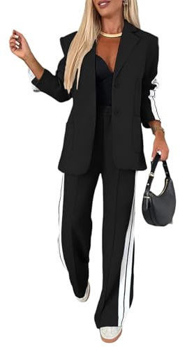 CHICME Women's 2 Piece Set Side Striped Blazer Wide Leg Pants, Black, Large