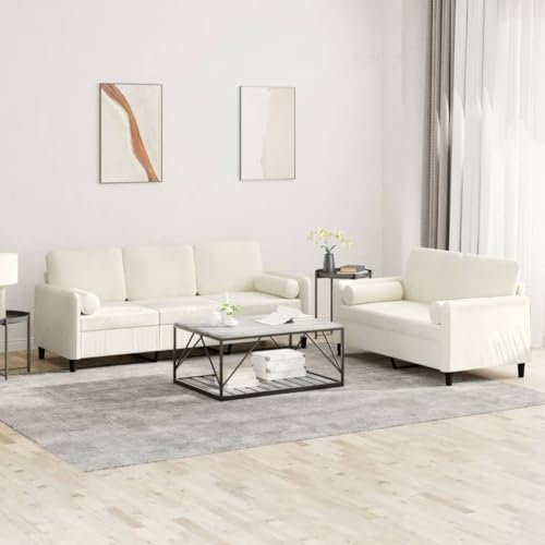 Brokky 2-TLG. Sofagarnitur mit Kissen Wohnzimmer Sitzgruppe Creme Samt