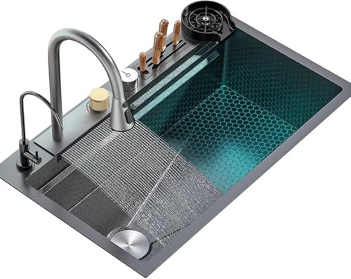 Fregadero de Cocina en Cascada Fregadero de Acero Inoxidable Negro con Cascada Fregadero de un Seno con lavaplatos Grifo de Cascada Accesorios completos (75x45x22cm)
