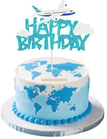 1 Stück Flugzeug Geburtstag Tortendeko, Happy Birthday Dekoration, blau und weiß, Modell Flugzeug Deko für Jungen und Mädchen Geburtstagsfeier