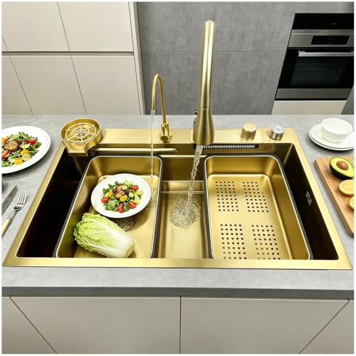 OMGMTSTORE Fregadero de cocina dorado de 85 x 50 cm, acero inoxidable, 1 lavabo, fregadero de cocina grande para el trabajo, con grifo de cocina extensible, 2 cestas de drenaje, tabla de cortar