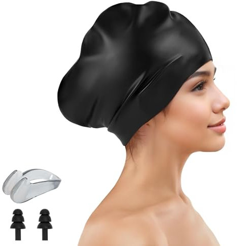 Silikon Badekappe für Langes Haar,Extra Große Badehaube für Damen,Schwimmkappe Herren,Schwimmhaube mit Ohrstöpseln und Nasenclip-Set,Badekappen für Erwachsene,Schwimmmütze für Trockenes Haar