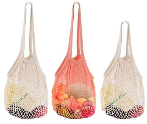 XUIIOSOOKP 3 Stück Netztaschen, Einkaufsnetzbeutel, Faltbare Netz-einkaufstaschen, Waschbar Wiederverwendbar Baumwollseil Mesh Bags mit Griff für Einkaufen Aufbewahrung Obst Gemüse Netzbeutel