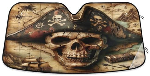 Parasol para parabrisas de coche, diseño de calavera pirata, mapa del tesoro, cubierta plegable para ventana delantera, parasol UV para coche (L)