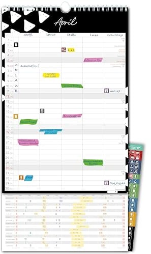Familienkalender 2026 5 Spalten EINER FÜR ALLE Familienplaner 2026 SCHWARZ-WEIß mit toller Ferienübersicht, Sticker Urlaub Ferien uvm. 2026 Wandkalender 22 x 32,5cm inkl. Jan-Mrz 2027