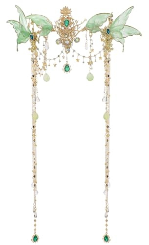 PartyforU Grüner Schmetterling Feenkrone für Renaissance Frauen Cosplay Vintage Elf Kopfschmuck mit Quaste für Hochzeit Fotoshooting