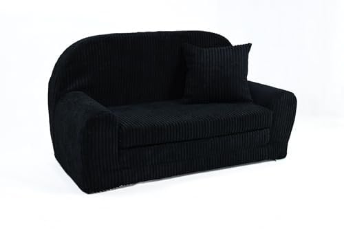 FORTISLINE - Kindersofa Rosalia Mini - Ausklappbares Mini-Sofa aus Cord mit Verlängerung - Schlafcouch 78 x 45 x 40 cm - Kinder Sitzsofa Oeko-TEX Zertifiziert - inkl. Kissen - in 7 Farben - Schwarz