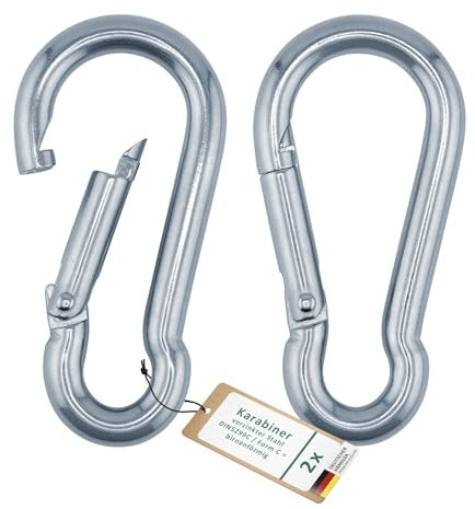 DSM – Feuerwehr Karabinerhaken mit Federhaken – 8 x 80 mm – verzinkter Stahl nach DIN 5299C – Form C, birnenförmig – Tragkraft bis 230 kg – für, Camping, Schlüsselanhänger, Wandern, Outdoor – 2 Stück