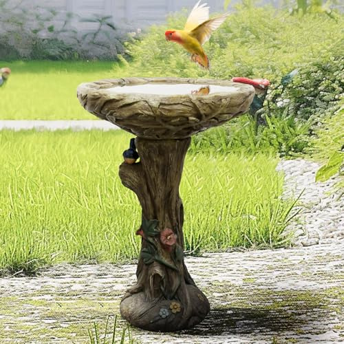 Vogelbadbrunnen aus Beton in Holzoptik, 65 cm hoch x 45,5 cm Durchmesser, mit dekorativem Kunstvogel