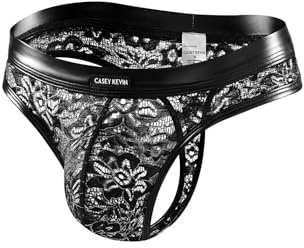 Casey Kevin Herren String Tanga Spitze Transparent Mesh mit PU Lederbund | Sexy Unterwäsche mit Silberfaden Umrandete Blumen-Netzspitze, Atmungsaktive Weich, Wetlook G-String T-Back, für Dates Party