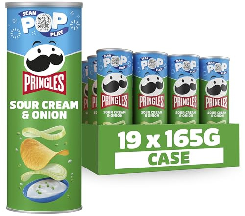 Pringles Sour Cream & Onion Sharing Crisps 19 x 165g (Pack of 19) | Potato based sharing crisps in a resealable can, ideal snack for sharing at movie nights, BBQs , parties and get togethers