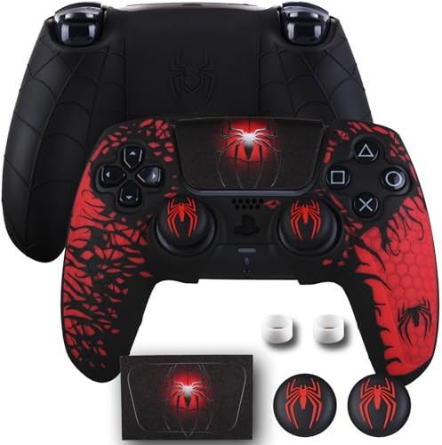 9CDeer Funda de silicona antideslizante para mando de PS5 con 2 tapas de pulgar y 1 calcomanía con diseño de araña