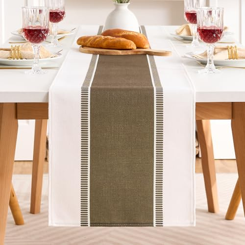 Tischläufer Modern Deko Braun Streifen 140x40, Table Runner Tischdeko Boho Landhausstil, Tischband Abwaschbar Aus Baumwoll-Leinen-Stoff, Natur Tisch Läufer für Esstisch Couchtisch Beistelltisch