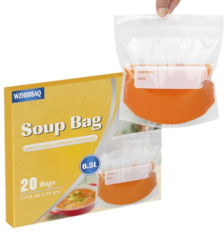 WZHSBSAQ 20 soup and sauce freezer bags, reusable liquid storage bags, large capacity, suitable for storing soups, chilli, meat sauces, curries and any liquids, capacity 500ml