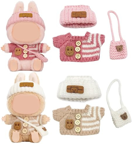 CATMEYE 2 Sets 17 cm Plüschpuppen-Outfit, Niedliche Gestrickte Anziehkleidung mit Zubehör, Einfach An- und Auszuziehen, Handwaschbar, Puppe Nicht Enthalten (Weiß und Rosa)