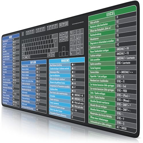 TITANWOLF - XXL Speed Gaming Mauspad 900 x 400mm - Tastatur Excel Windows Outlook Word Shortcut Tastenkürzel auf DEUTSCH - MS Keyboard Schwarz