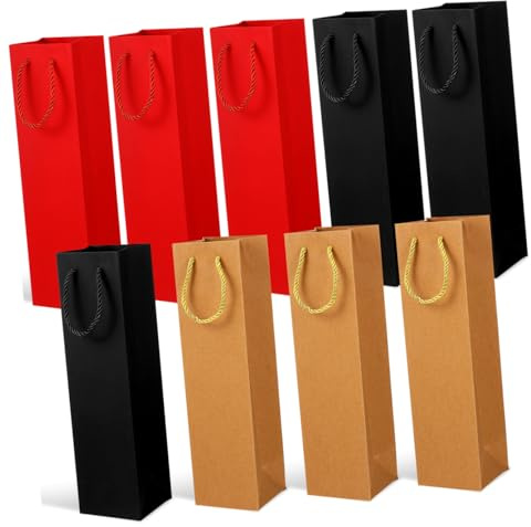 WRITWAA 9 Pcs Kraft Paper Wine Bottle Bags with Handle 9.5x9x35cm Wine Carry Bags for Parties and Picnics in Red Black and Kraft Colors