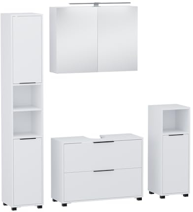 Vicco Badmöbel-Set Alina, Weiß, 80 cm, besteht aus Waschbeckenunterschrank, Spiegelschrank, Hochschrank und Midischrank