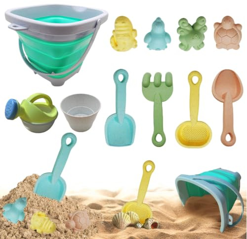 LXYYDS 11 Stück Sandspielzeug mit Faltbarer Eimer, Sandspielzeug Set, Strand Spielzeug Set, Sandkasten Spielzeug and Toy Beach, mit Schaufel, Sandharke, Sandförmchen für Garten, Strand, Outdoor