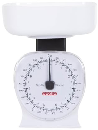Apollo 5 Kg Scale Large, White | with Medium Weighing Tray, 5kg Capacity, Manual Display in Kg, g, lbs, oz, White, 17x14x17cm