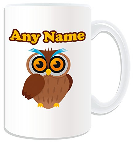 Geschenkmitteilungsfeld – Großer Becher Eule Hörnern (Tiermotiv Birds, weiß) – beliebigen Namen/Botschaft auf Ihrem Tasse Einheitsgröße – Uhus Adler Eule