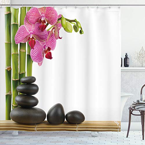 ABAKUHAUS Spa Duschvorhang, Pink Orchid und Bambusse, Wasser Blickdicht inkl.12 Ringe Langhaltig Bakterie und Schimmel Resistent, 175 x 200 cm, Schwarz Grün Rosa