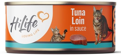 HiLife Adult Wet Cat Food Tins, Tuna Loin in Sauce, Complete Tinned Cat Food, 100% Natural & Grain Free (12 x 70g Cans)