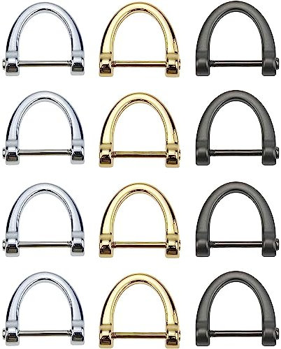 Luckycivia 12 Stück D-Ringe, Hufeisenform D-Ring, U Form D-Ringe, Schraube in Schäkel Halbkreis D-Ring, mit kleinem Schraubendreher für DIY Leder Handwerk Zubehör, Silber Schwarz und Gold