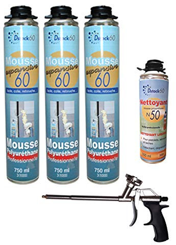DSTOCK60 – Set mit 3 Stück Bauschaum/Montageschaum, 750 ml, 1 Sprühpistole, 1 Reiniger, Profi-Schaumstoff, Polyethylen-Schaumstoff, für den Innen- und Außenbereich