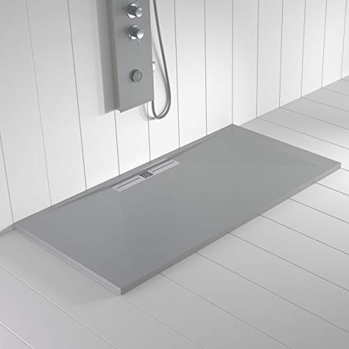 Plato de ducha resina WIDE desagüe lineal lateral color Gris Cemento 90x70 textura pizarra antideslizante rejilla inox con válvula
