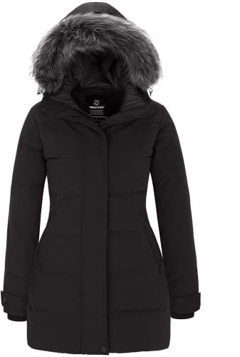 Wantdo Women’s Outdoor Winter Fleeced Lined Puffer Coat Long Warm Thicken Parka Coat Classic Ladies Water Resistant Padded Jacket Hooded Windproof Quilted Jacket Black M