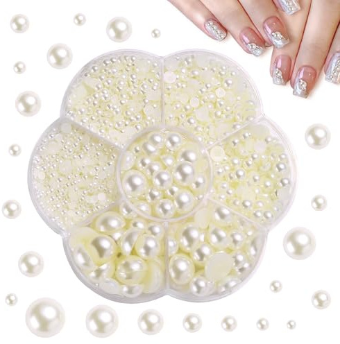 Naler 1400pcs Pearl Beads Flat Back Half Round Pearl Cabochon, Beige | Diameter 3/4/5/6/8/10/12 mm, Nail Craft DIY, Scrapbooking Embellishment, Decoration
