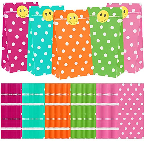 100 Stück Geschenktüten Kindergeburtstag,Bunte Geschenktüten mit 100 Aufkleber Candy Tüten zum Ostern Verpacken von Geschenken, Giveaways, Hochzeit, Party, usw