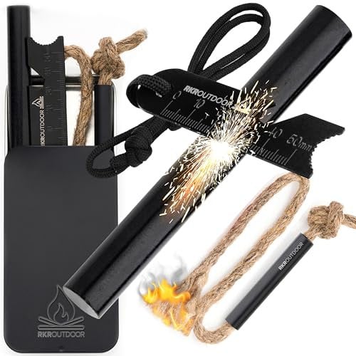 RKR OUTDOOR Ferro Rod Flint Fire Starter Kit + Tinder Wick Bellow with Sliding Box - 4 length 1/2” Thick Ferro Rod with Multi-Tool Striker and Paracord Lanyard + Hemp Wick with Bellow + Sliding Box