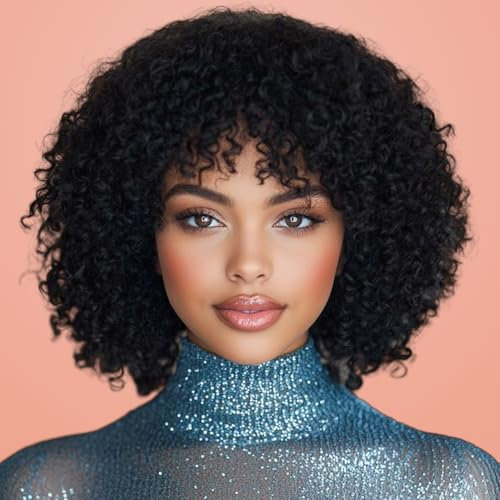 Wig Human Hair With Bang For Black Women Afro Kinky Curly None Lace Glueless Short Curly Human Hair Wigs 180% Density 14 1B