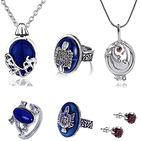 HJYZY 6 Stück The Vampire Diaries Halsketten Schmuck Set Salvatore Damon Stefan Finger Familienwappen Ring Rubin-Ohrstecker für Damen