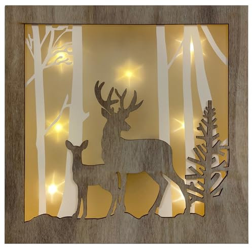 Wandbild mit 3D Hologramm Effekt Weihnachtsmotiv Winterwald, aus Holz, mit 7 LED warmweiss, Batteriebetrieb mit 6h Timerfunktion, Größe 26x26cm