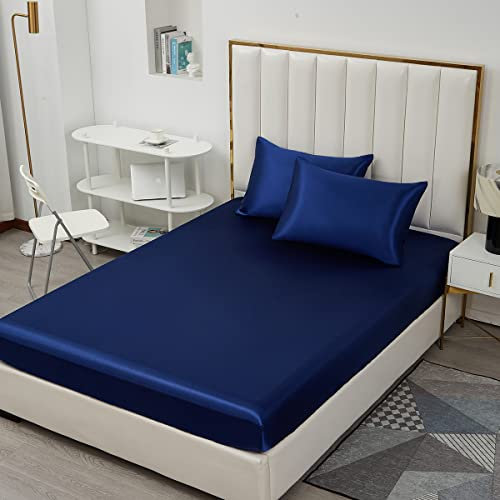 Michorinee Satin Spannbettlaken 200x200cm Blau Glatt Seide Glanzsatin Bettlaken Boxspringbett Topper Microfaser Spannbetttuch für Matratze bis 25 cm