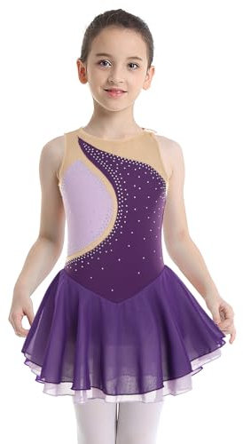 Agoky Ragazza Vestito Pattinaggio Artistico Strass Leotards Vestito da Balletto Body da Danza Classica Costumi di Danza Abito da Ballo Latino Jazz Dancewear Viola C 16 Anni