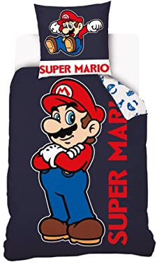 Mario - Housse de couette Super Mario 140x200 cm + 1 Taie D'Oreiller 63x63 cm - 100% Coton - Bleu Marine