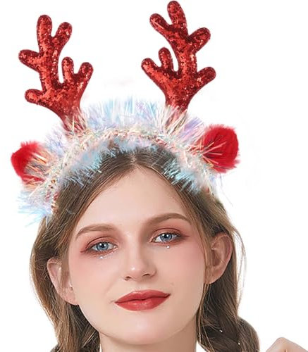 Acenail Weihnachten Stirnbänder Frauen Xmas Hirsch Haarreifen Glitzer Rentier Geweih Stirnband Ring Pelzige Hirsch Horn Ohren Kopfschmuck Weihnachtsbaum Haarbänder Dekoration Urlaub Kostüm Kopfschmuck