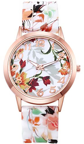 JewelryWe Uhren Damen Analog Quarz Armbanduhr Mode Exquisit Blumen Blumendruck Beiläufige Uhr mit Silikon Armband Geschenk für Frau Mädchen