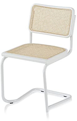 KHG Schwingstuhl Freischwinger weiß - Rückenlehne und Sitzfläche aus Massivholz Buche und Rattan - Esszimmerstuhl, Küchenstuhl Design Stuhl mit Wiener Geflecht
